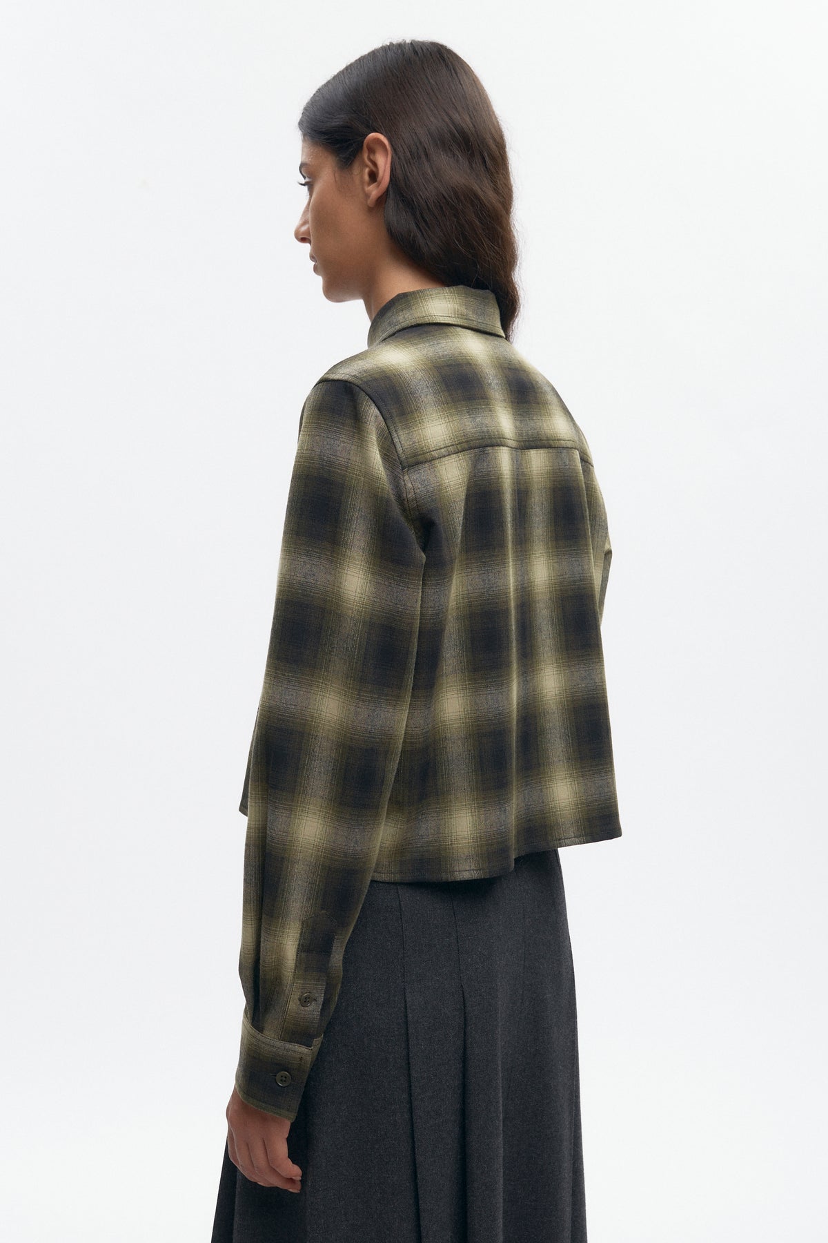 Chemise femme en flanelle de laine en carreaux olive